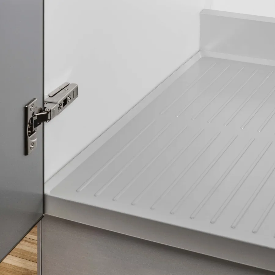 910  - Cabinet side panels, 18 mm thick.
Thermoplastic tray protector. 
Rear backsplash. 
